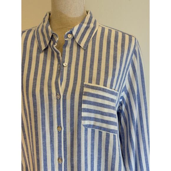 NICOLE MILLER blouse Top Linen Blend Stripe Blue White 3/4 Long Sleeve | LARGE - Picture 3 of 10